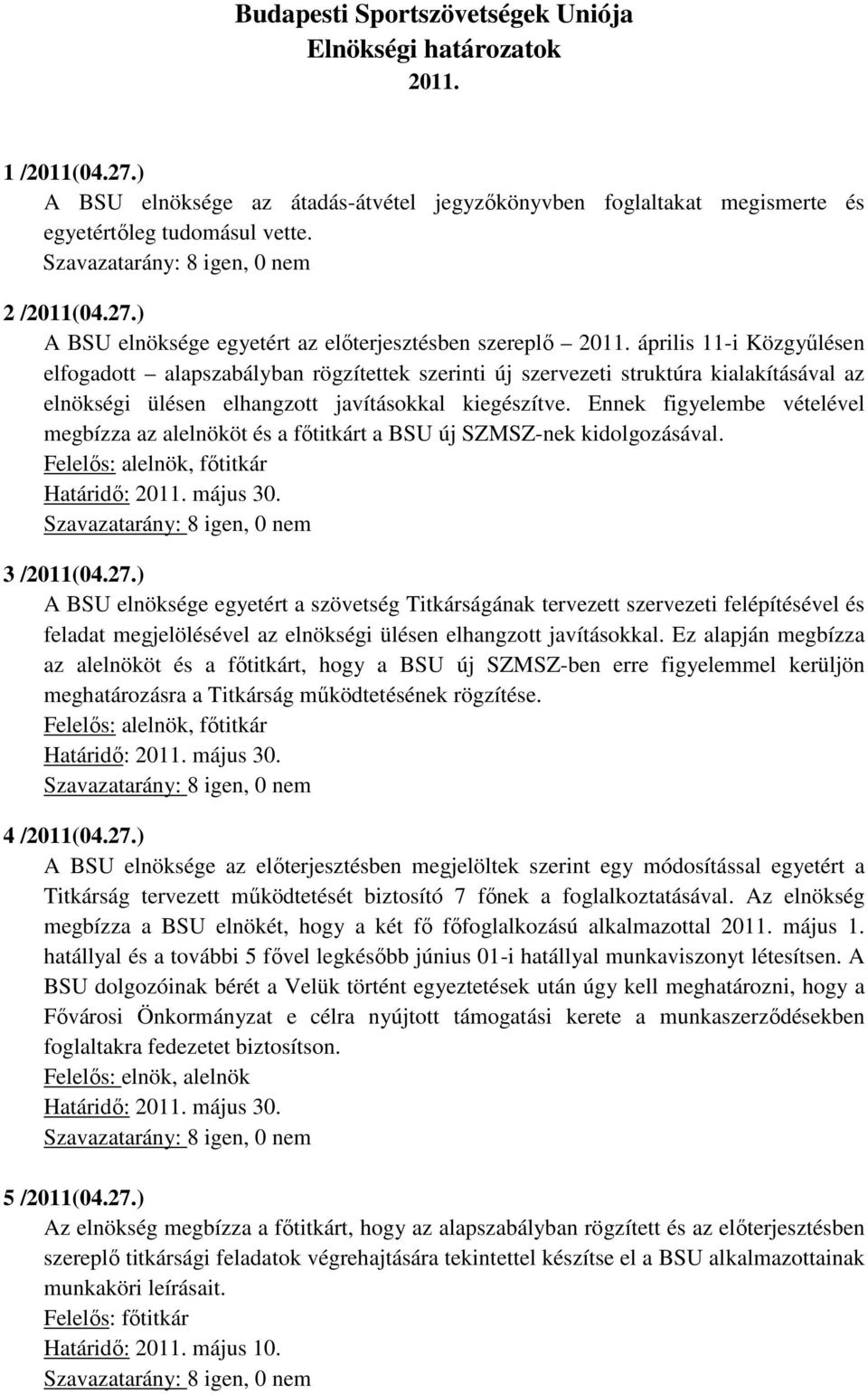 Ennek figyelembe vételével megbízza az alelnököt és a fıtitkárt a BSU új SZMSZ-nek kidolgozásával. Felelıs: alelnök, fıtitkár 3 /2011(04.27.