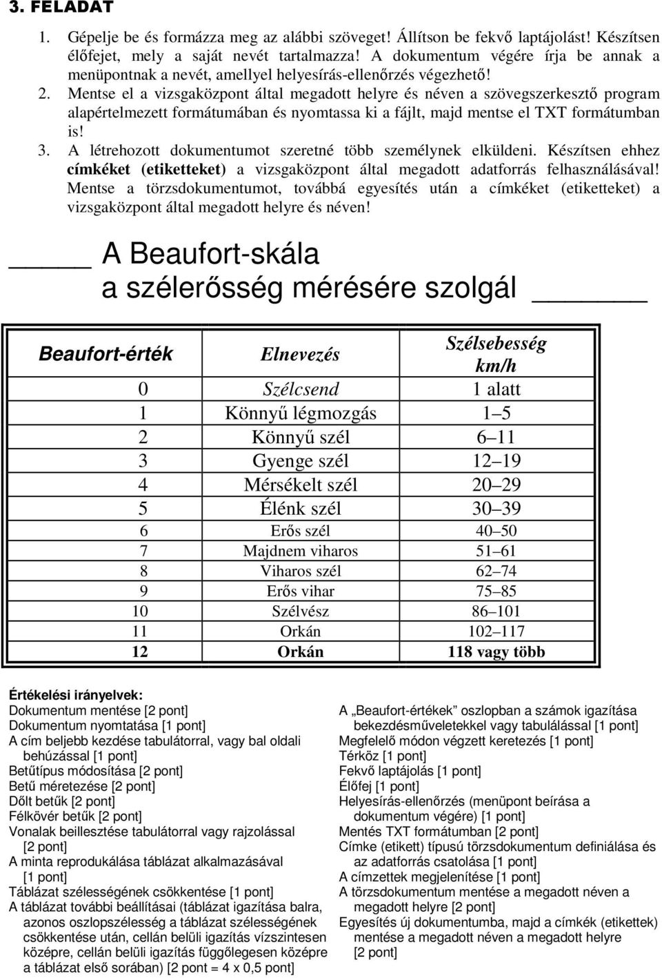 Mentse el a vizsgaközpont által megadott helyre és néven a szövegszerkesztő program alapértelmezett formátumában és nyomtassa ki a fájlt, majd mentse el TXT formátumban is! 3.