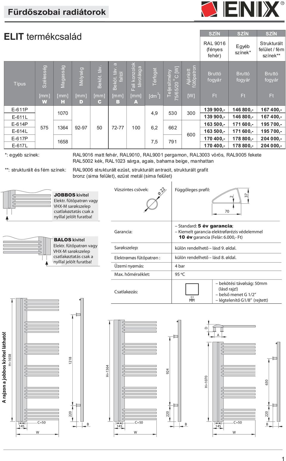 a faltól D Fürdõszobai radiátorok Fali konzolok távolásga Térfogat [mm] [mm] [mm] [mm] [mm] [mm] [dm 3 ] [] Ft Ft Ft H D A E-611P 139 900,- 146 800,- 167 400,- 1070 4,9 530 300 E-611L 139 900,- 146