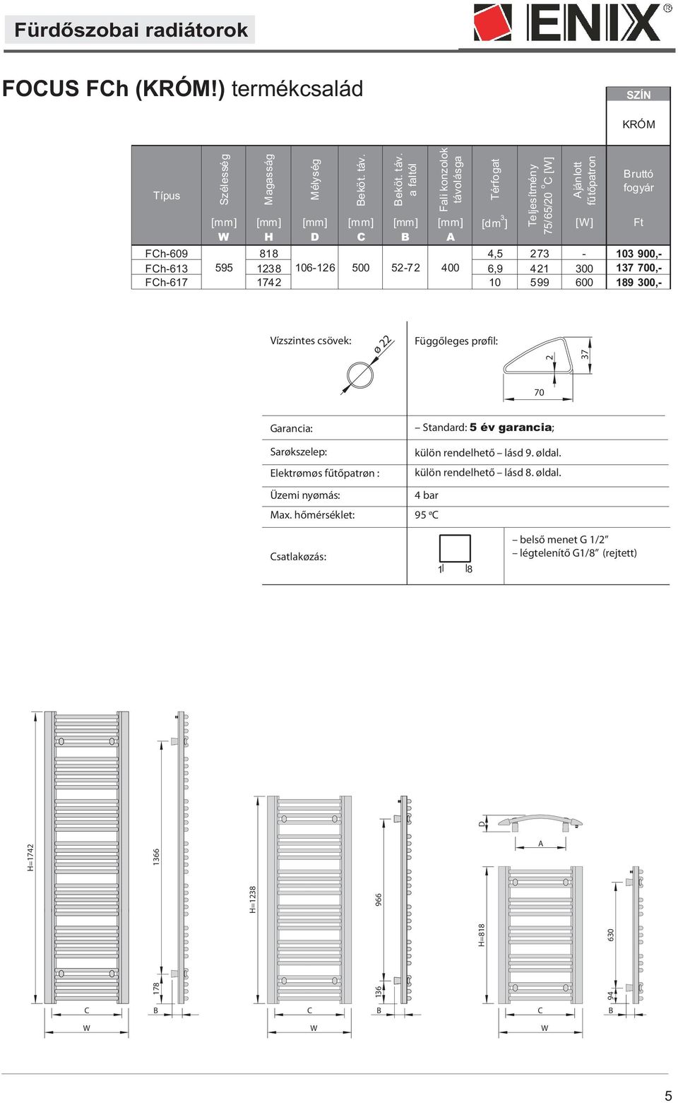 a faltól Fali konzolok távolásga Térfogat 75/65/20 o [] [mm] [mm] [mm] [mm] [mm] [mm] [dm 3 ] [] Ft H D A Vízszintes csövek: o 22 Függõleges profil: 2 37