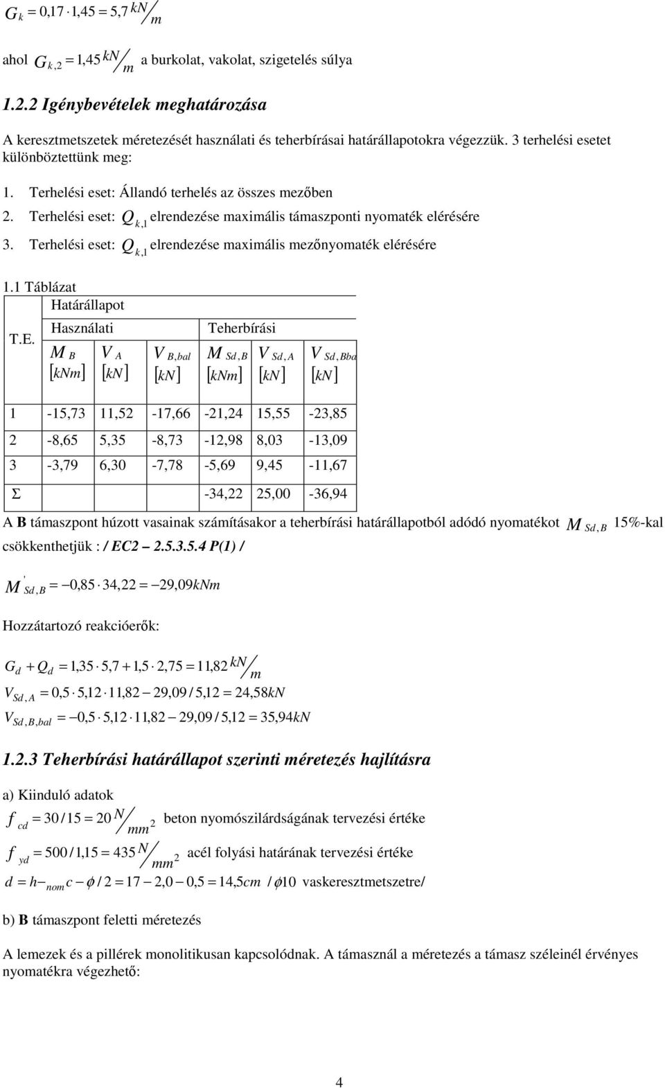 Terhelési eset: Q k, 1 elrendezése axiális eznyoaték elérésére 1.1 Táblázat Határállapot T.E.