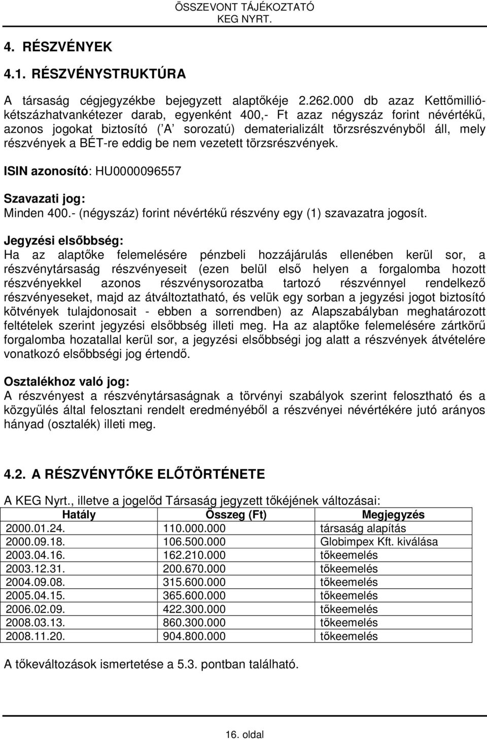 BÉT-re eddig be nem vezetett törzsrészvények. ISIN azonosító: HU0000096557 Szavazati jog: Minden 400.- (négyszáz) forint névértékű részvény egy (1) szavazatra jogosít.