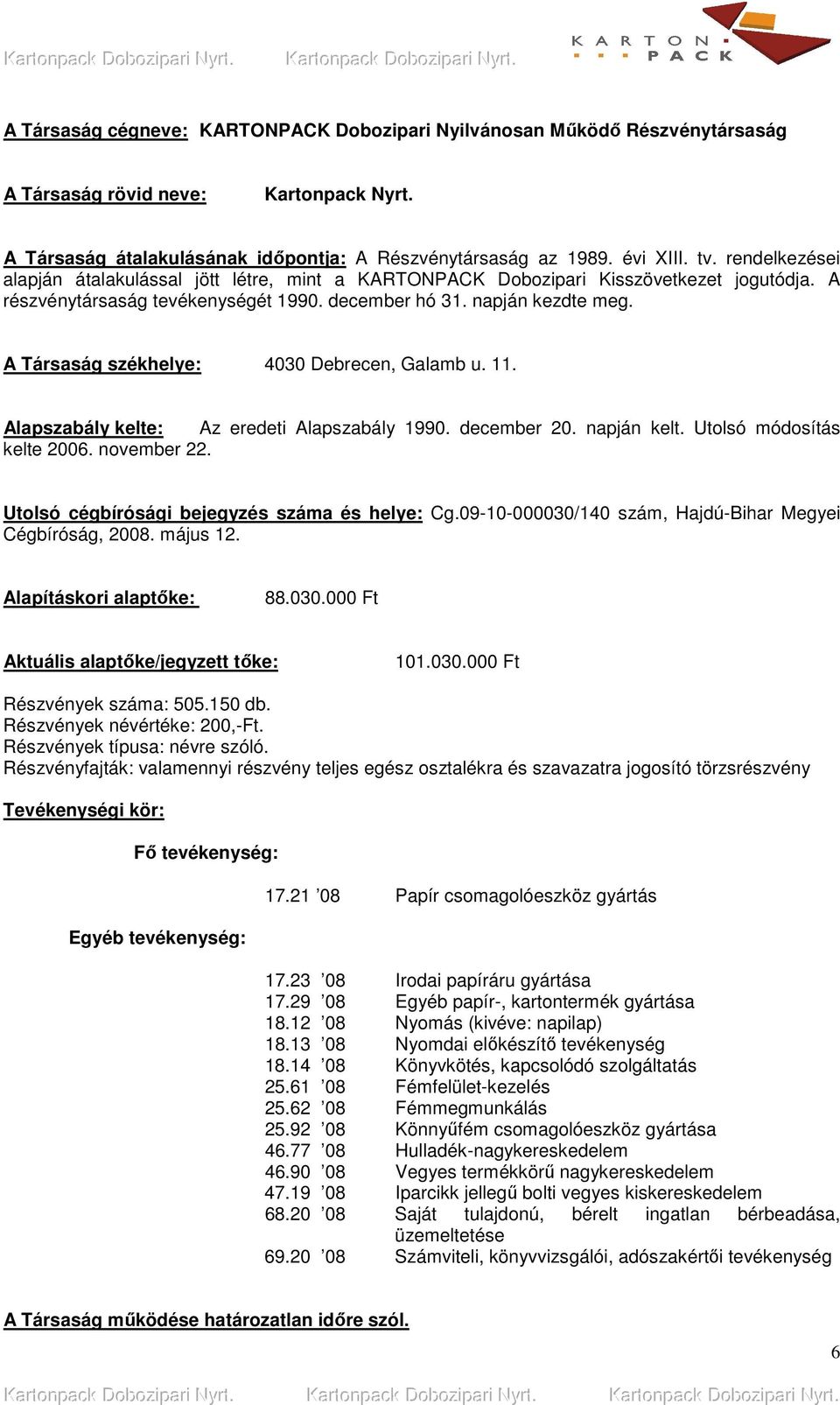 A Társaság székhelye: 4030 Debrecen, Galamb u. 11. Alapszabály kelte: Az eredeti Alapszabály 1990. december 20. napján kelt. Utolsó módosítás kelte 2006. november 22.