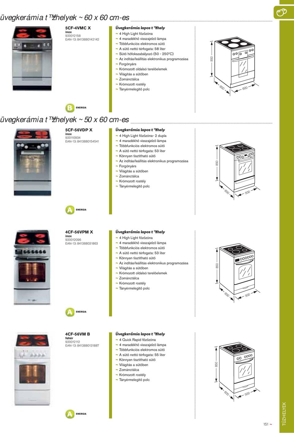 sütő nettó térfogata: 53 liter ~ Könnyen tisztítható sütő 4CF-56VPM X 920012096 EAN-13: 841388031863 ~ 4 High Light főzőzóna ~ A sütő nettó térfogata: 53 liter ~