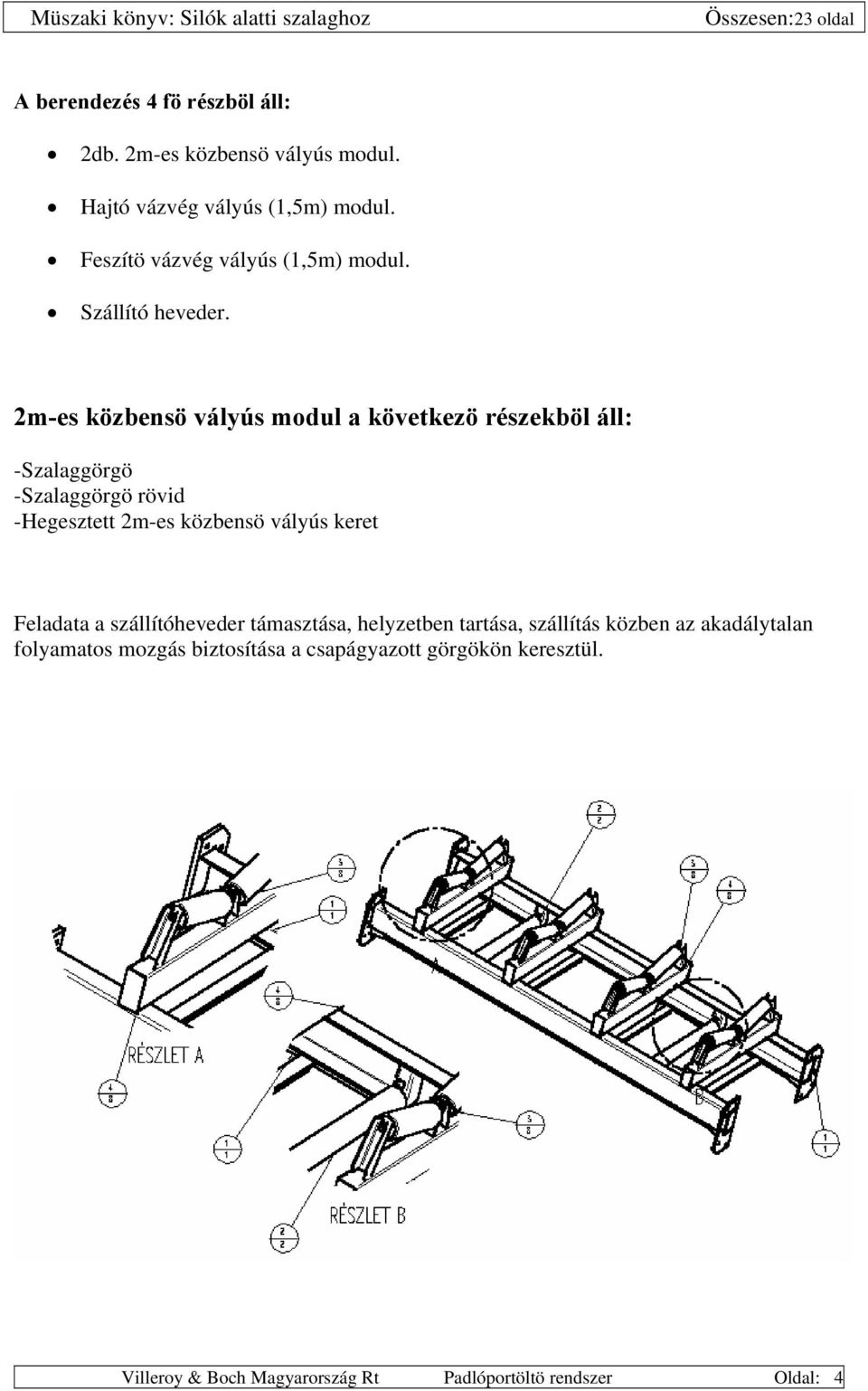 2m-es közbensö vályús modul a következö részekböl áll: -Szalaggörgö -Szalaggörgö rövid -Hegesztett 2m-es közbensö vályús