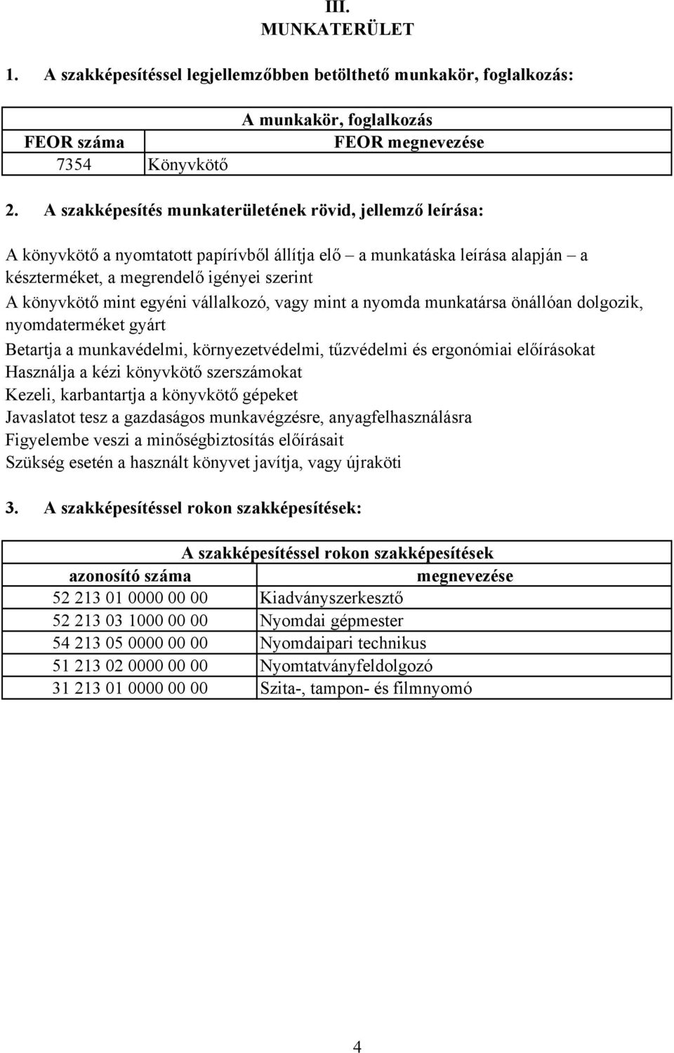 vállalkozó, vagy mint a nyomda munkatársa önállóan dolgozik, nyomdaterméket gyárt Betartja a munkavédelmi, környezetvédelmi, tűzvédelmi és ergonómiai előírásokat Használja a kézi könyvkötő