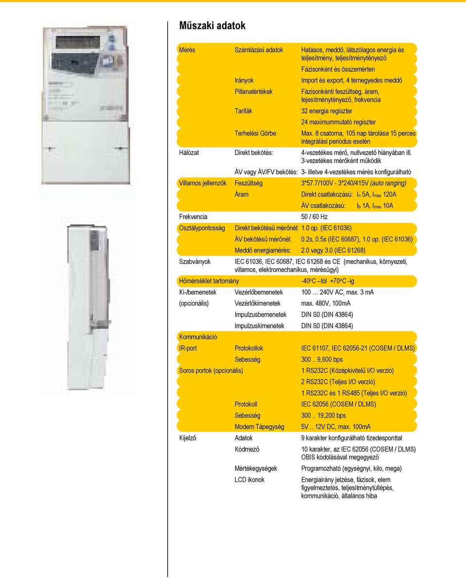 8 csatorna, 105 nap tárolása 15 perces integrálási periódus esetén Hálózat Direkt bekötés: 4-vezetékes mérő, nullvezető hiányában ill.