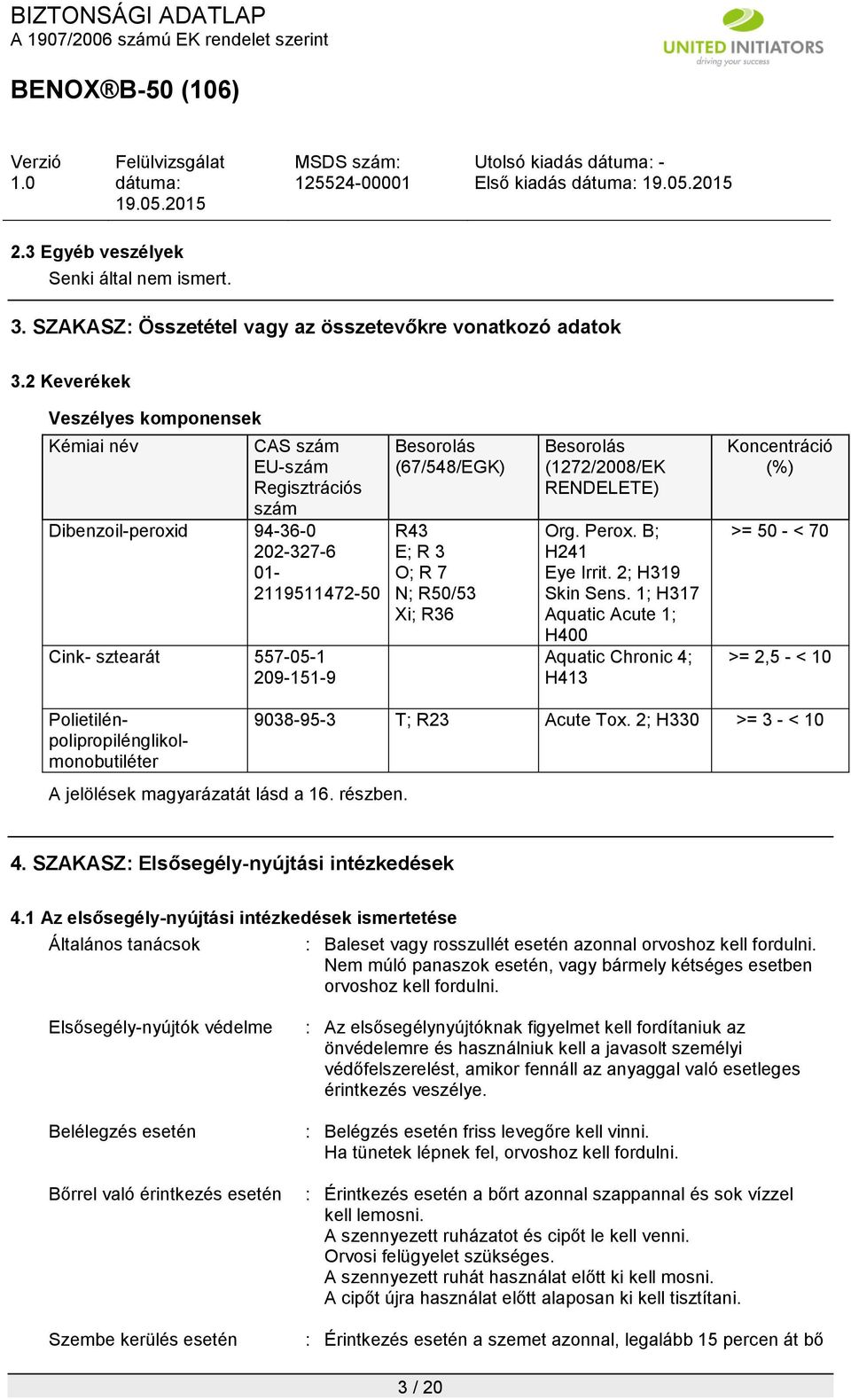 3 O; R 7 N; R50/53 Xi; R36 Besorolás (1272/2008/EK RENDELETE) Org. Perox. B; H241 Eye Irrit. 2; H319 Skin Sens.