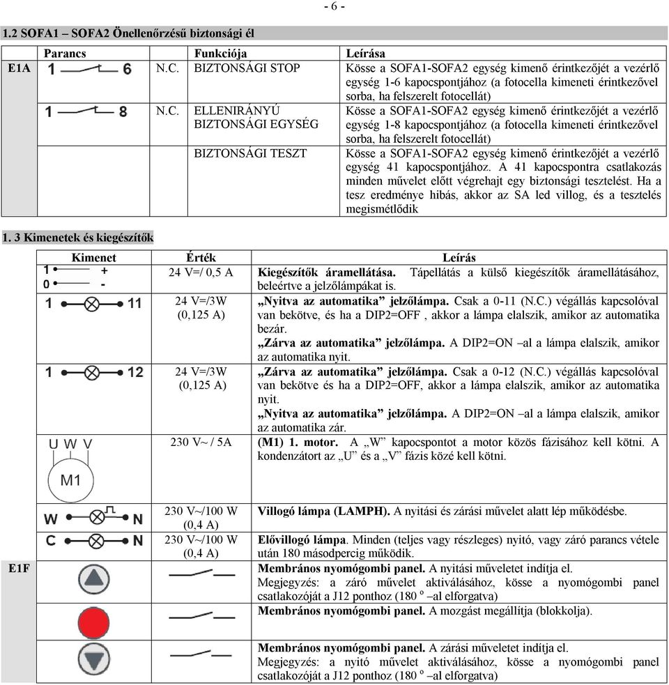 C. ELLENIRÁNYÚ BIZTONSÁGI EGYSÉG BIZTONSÁGI TESZT Kösse a SOFA1-SOFA2 egység kimenő érintkezőjét a vezérlő egység 1-8 kapocspontjához (a fotocella kimeneti érintkezővel sorba, ha felszerelt