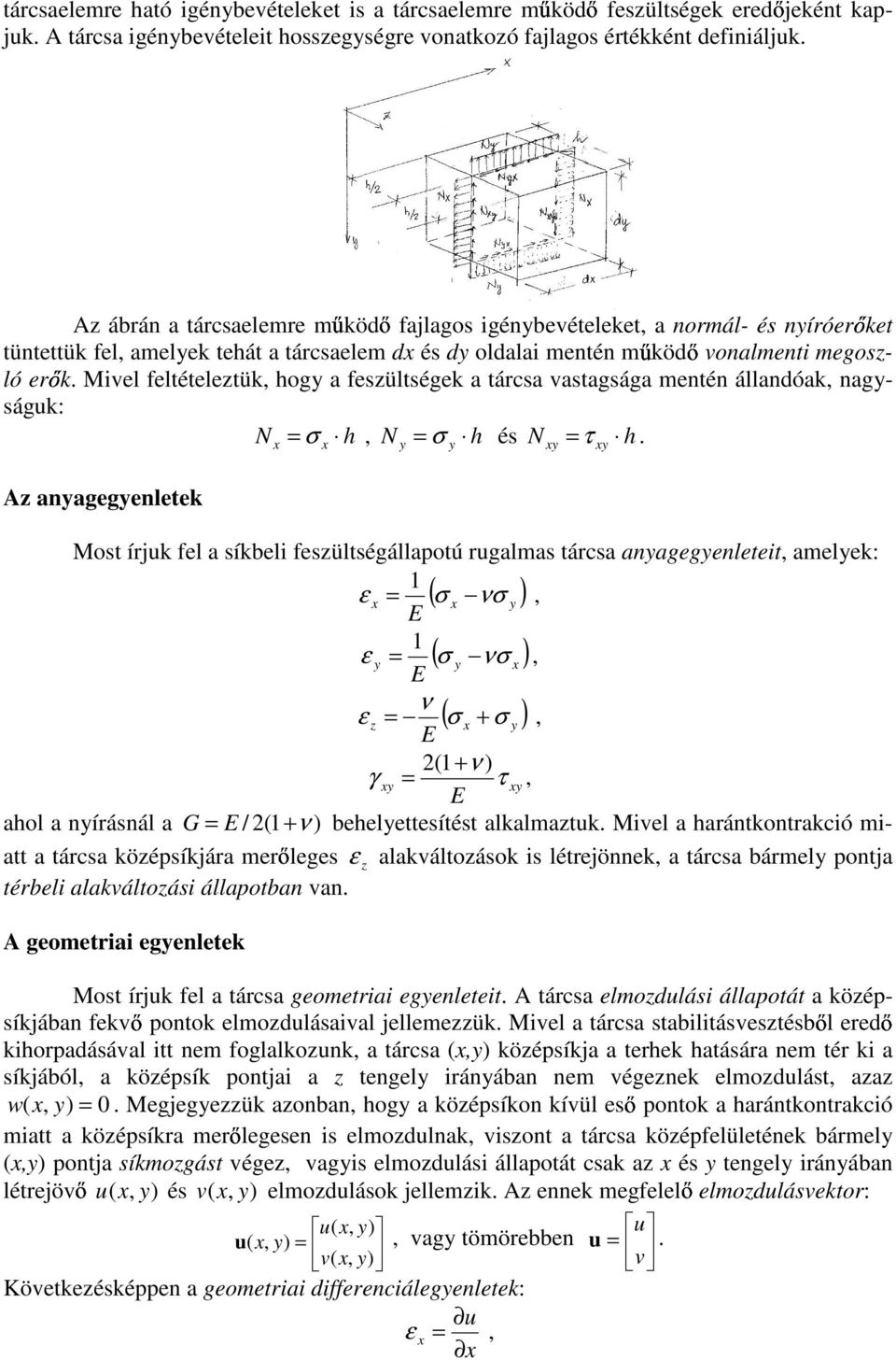 agságuk: N h N h és N τ h Az aagegeletek Most írjuk fel a síkbel feszültségállapotú rugalmas tárcsa aagegeletet amelek: ( ν ε ( ν ε ν ε z ( ( ν γ τ ahol a írásál a G / ( ν behelettesítést alkalmaztuk