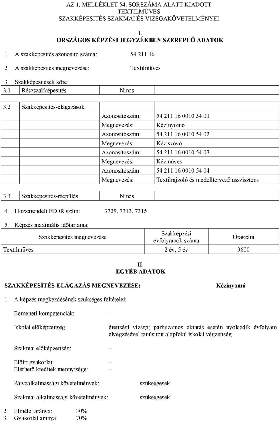 2 Szakképesítés-elágazások Azonosítószám: 54 211 16 0010 54 01 Megnevezés: Kézinyomó Azonosítószám: 54 211 16 0010 54 02 Megnevezés: Kéziszövő Azonosítószám: 54 211 16 0010 54 03 Megnevezés: Kézműves