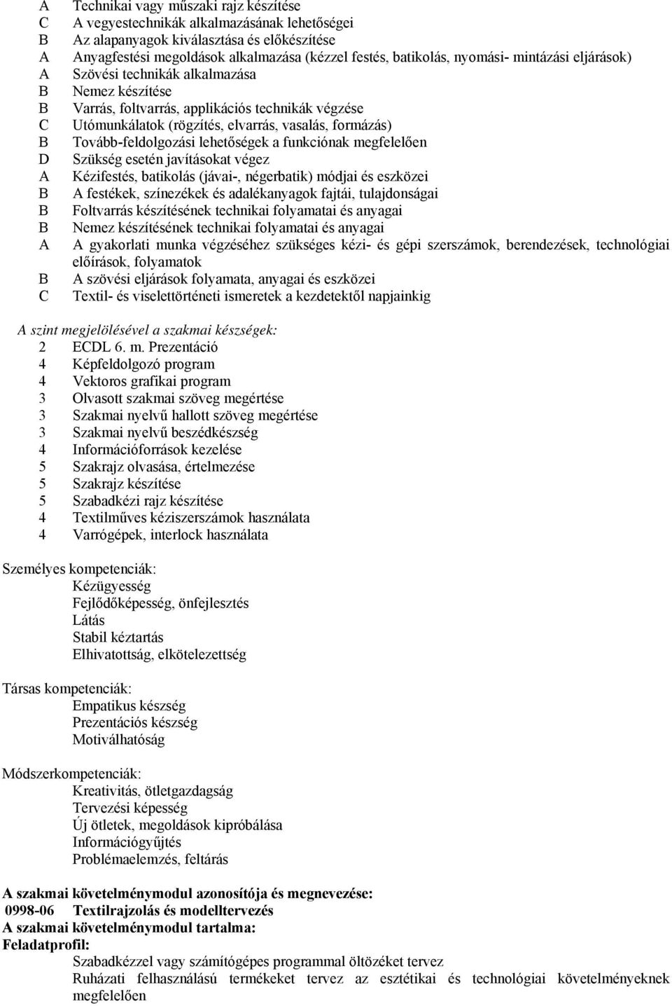 Tovább-feldolgozási lehetőségek a funkciónak megfelelően Szükség esetén javításokat végez Kézifestés, batikolás (jávai-, négerbatik) módjai és eszközei A festékek, színezékek és adalékanyagok fajtái,