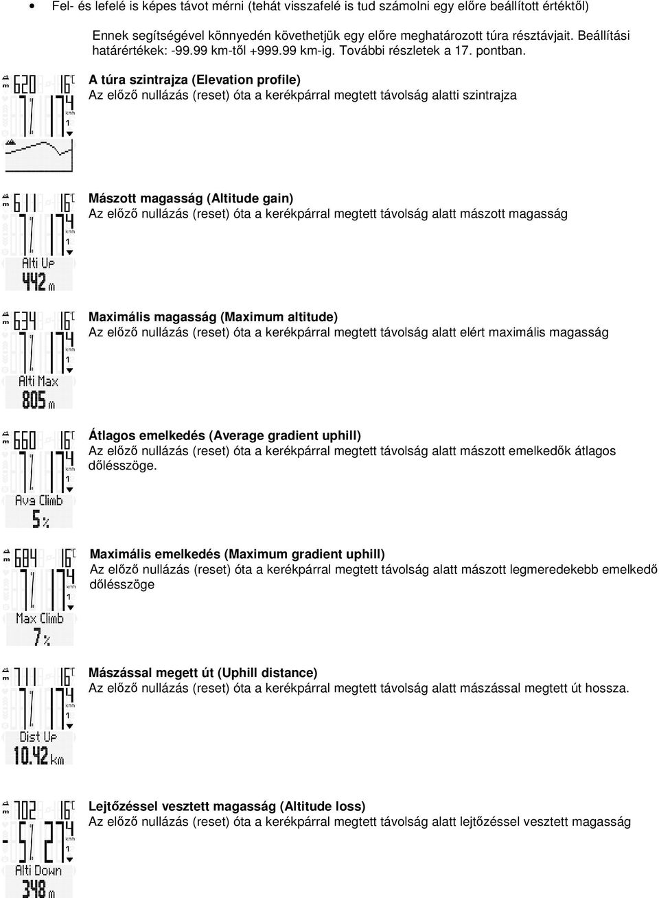 A túra szintrajza (Elevation profile) Az előző nullázás (reset) óta a kerékpárral megtett távolság alatti szintrajza Mászott magasság (Altitude gain) Az előző nullázás (reset) óta a kerékpárral