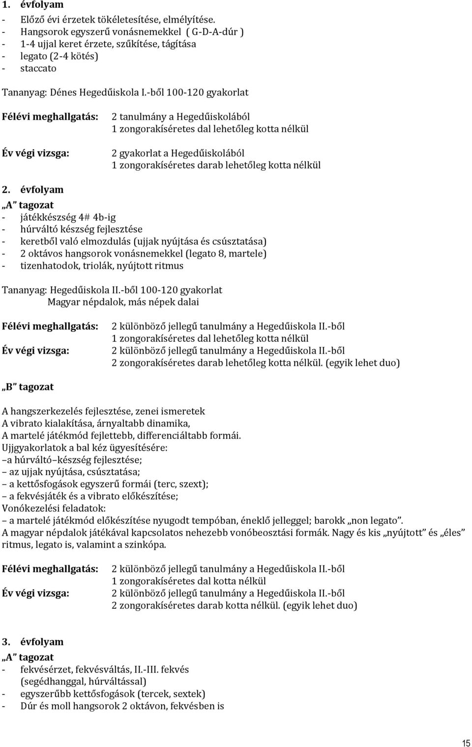 -ből 100-120 gyakorlat Félévi meghallgatás: Év végi vizsga: 2 tanulmány a Hegedűiskolából 1 zongorakíséretes dal lehetőleg kotta nélkül 2 gyakorlat a Hegedűiskolából 1 zongorakíséretes darab