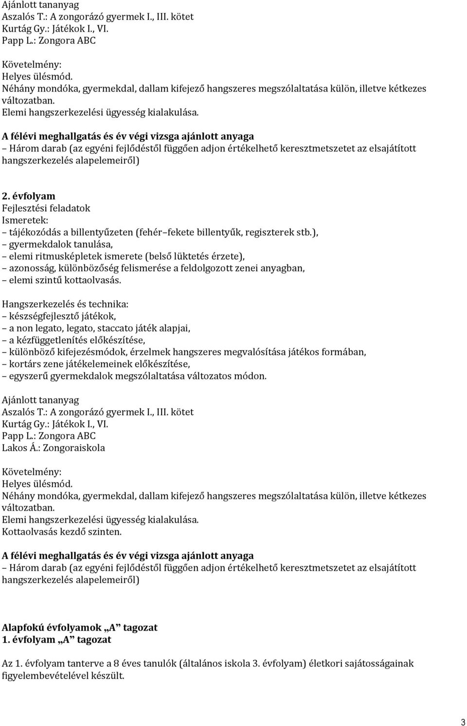 A félévi meghallgatás és év végi vizsga ajánlott anyaga Három darab (az egyéni fejlődéstől függően adjon értékelhető keresztmetszetet az elsajátított hangszerkezelés alapelemeiről) 2.