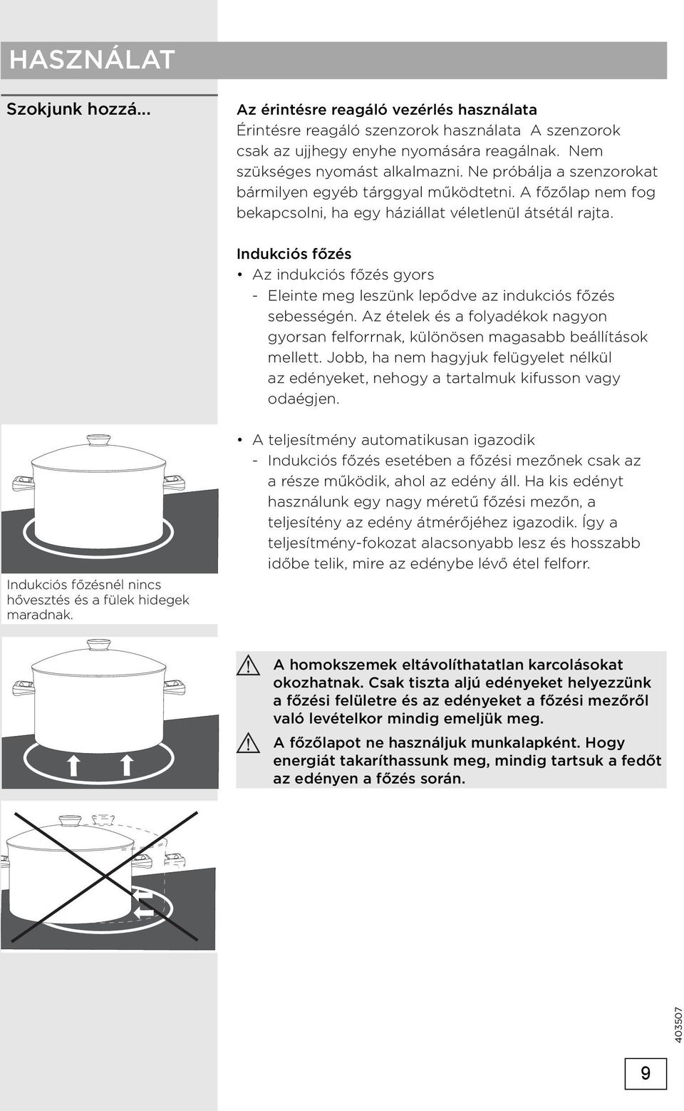 Indukciós főzés Az indukciós főzés gyors - Eleinte meg leszünk lepődve az indukciós főzés sebességén. Az ételek és a folyadékok nagyon gyorsan felforrnak, különösen magasabb beállítások mellett.