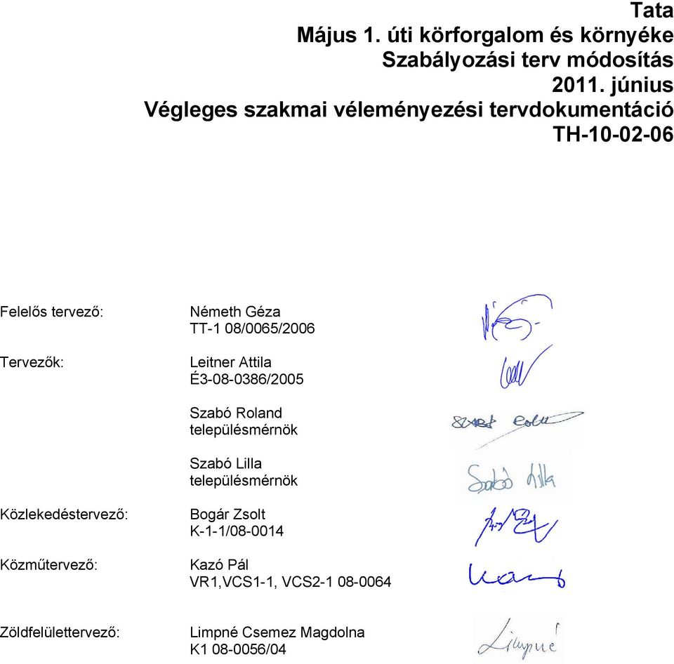 TT-1 08/0065/2006 Leitner Attila É3-08-0386/2005 Szabó Roland településmérnök Szabó Lilla településmérnök