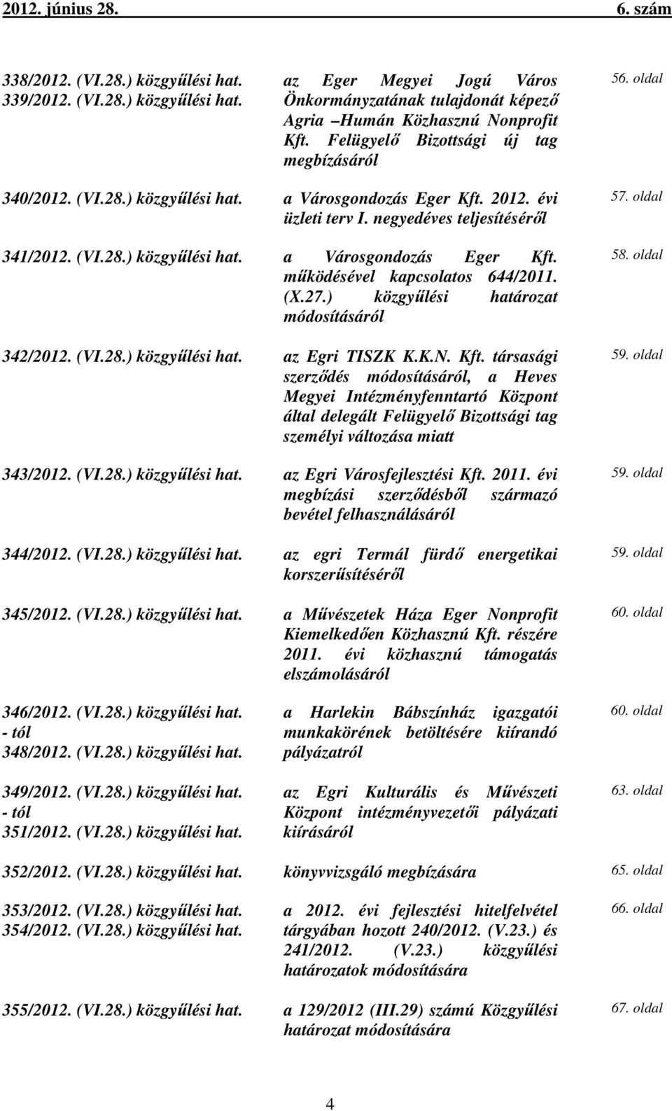 (X.27.) közgyűlési határozat módosításáról 342/2012. (VI.28.) közgyűlési hat. az Egri TISZK K.K.N. Kft.