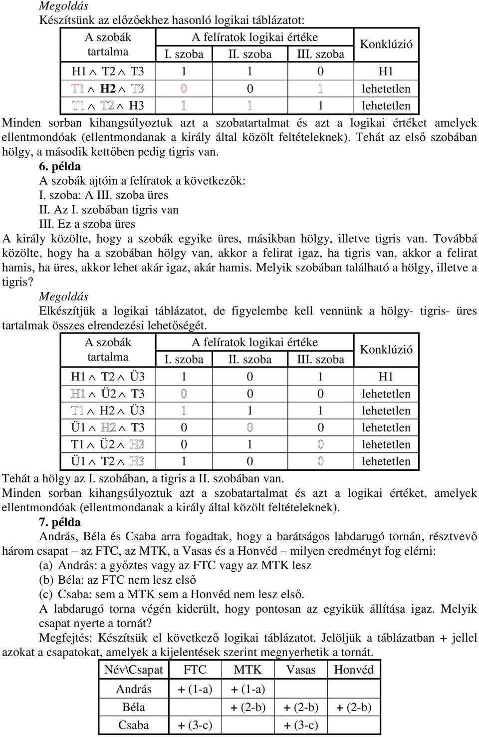 feltételeknek). Tehát az első szobában hölgy, a második kettőben pedig tigris van. 6. példa A szobák ajtóin a felíratok a következők: I. szoba: A III. szoba üres II. Az I. szobában tigris van III.