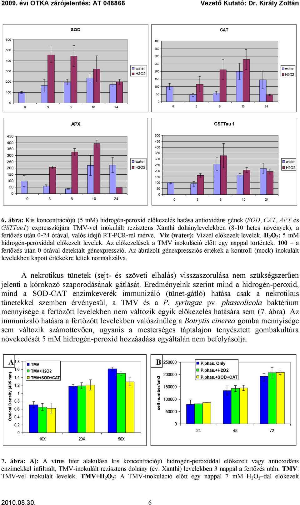 ábra: Kis koncentrációjú (5 mm) hidrogén-peroxid előkezelés hatása antioxidáns gének (SOD, CAT, APX és GSTTau1) expressziójára TMV-vel inokulált rezisztens Xanthi dohánylevelekben (8-1 hetes