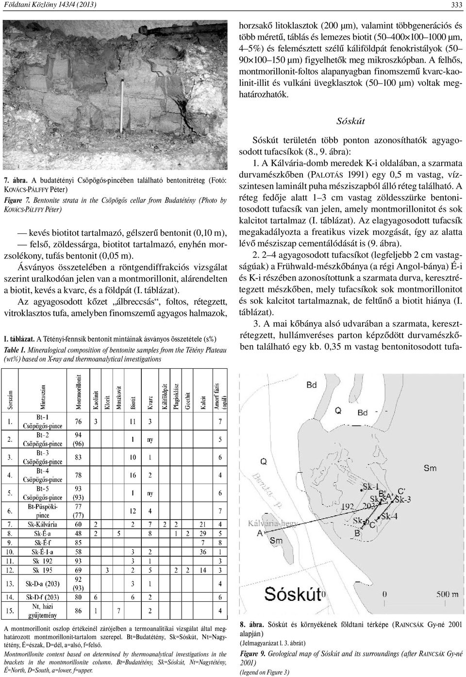 A felhős, montmorillonit-foltos alapanyagban finomszemű kvarc-kaolinit-illit és vulkáni üvegklasztok (50 100 µm) voltak meghatározhatók. Sóskút 7. ábra.