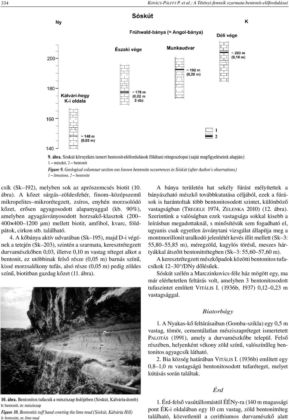 Geological columnar section ons known bentonite occurrences in Sóskút (after Author s observations) 1 limestone, 2 bentonite csík (Sk 192), melyben sok az aprószemcsés biotit (10. ábra).