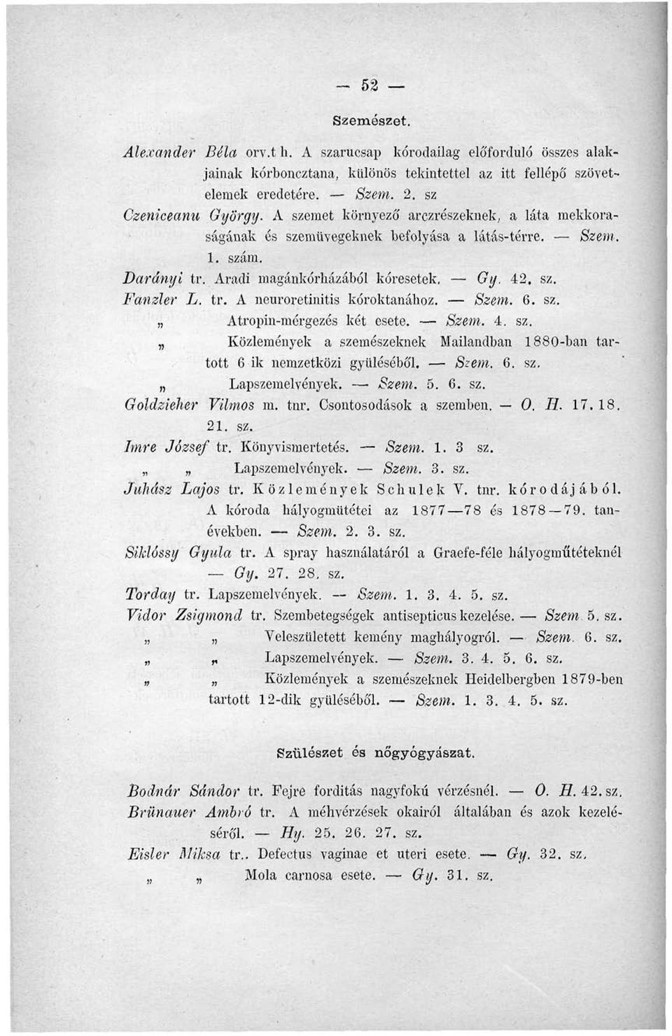 Szem. 6. sz. Atropin-mérgezés két esete. Szem. 4. sz. Közlemények a szemészeknek Mailandban 1880-ban tartott 6 ik nemzetközi gyűléséből. Szem. 6. sz. Lapszemelvények. Szem. 5. 6. sz. Goldzieher Vilmos m.