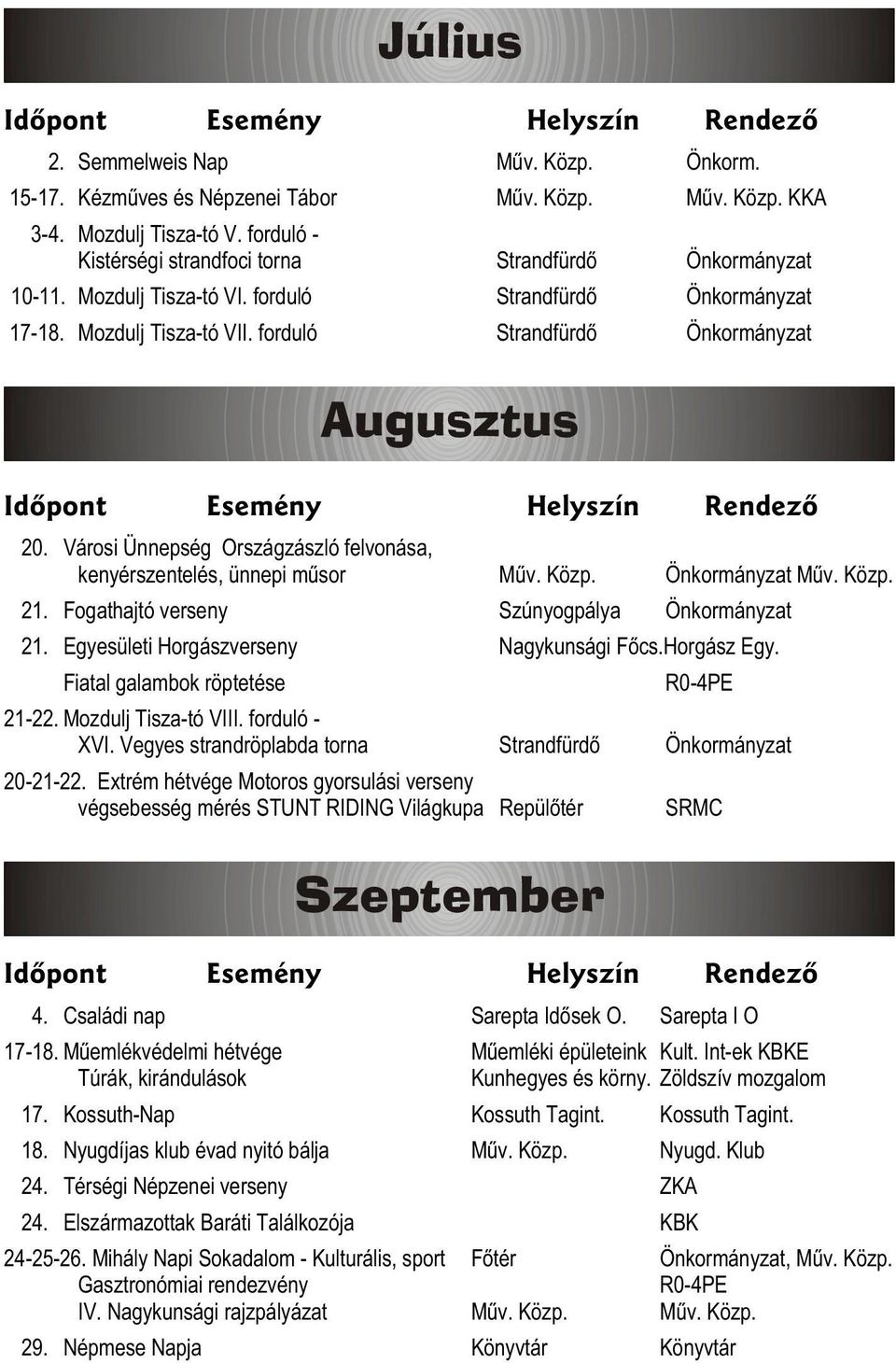 V árosi Ü nnepség O rszágzászló felvonása, kenyérszentelés, ü nnepi mûsor Mûv. Közp. Önkormányzat Mûv. Közp. 21. Fogathajtó verseny Szúnyogpálya Önkormányzat 21.