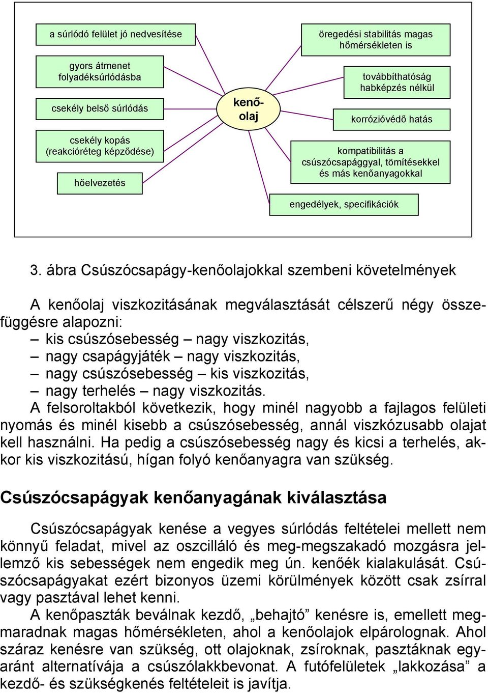 ábra Csúszócsapágy-kenőolajokkal szembeni követelmények A kenőolaj viszkozitásának megválasztását célszerű négy összefüggésre alapozni: kis csúszósebesség nagy viszkozitás, nagy csapágyjáték nagy