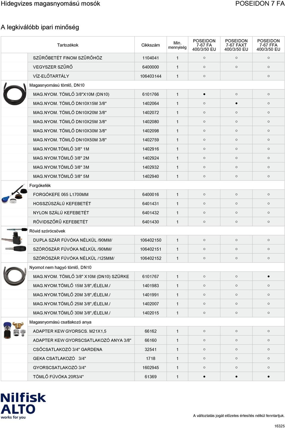 NYOM.TÖMLŐ 3/8" 3M 1402932 1 MAG.NYOM.TÖMLŐ 3/8" 5M 1402940 1 Forgókefék FORGÓKEFE 065 L1700MM 6400016 1 HOSSZÚSZÁLÚ KEFEBETÉT 6401431 1 NYLON SZÁLÚ KEFEBETÉT 6401432 1 RÖVIDSZŐRŰ KEFEBETÉT 6401430 1