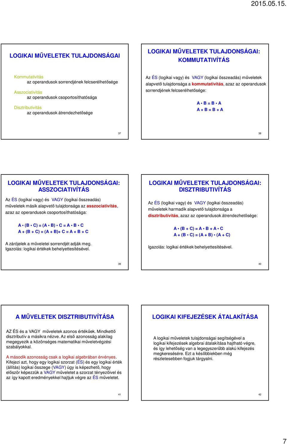 + = + 37 38 LOGIKI MŰVELETEK TULJDONSÁGI: SSOCITIVÍTÁS z ÉS (logikai vagy) és VG (logikai összeadás) műveletek másik alapvető tulajdonsága az asszociativítás, azaz az operandusok csoportosíthatósága: