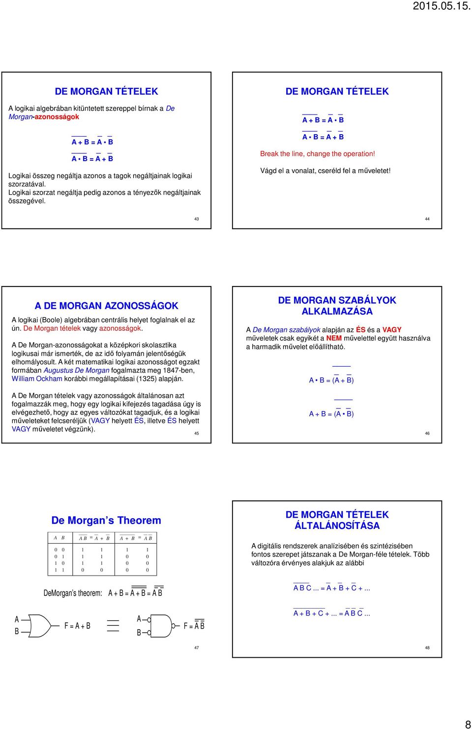 43 44 DE MORGN ONOSSÁGOK logikai (oole) algebrában centrális helyet foglalnak el az ún. De Morgan tételek vagy azonosságok.