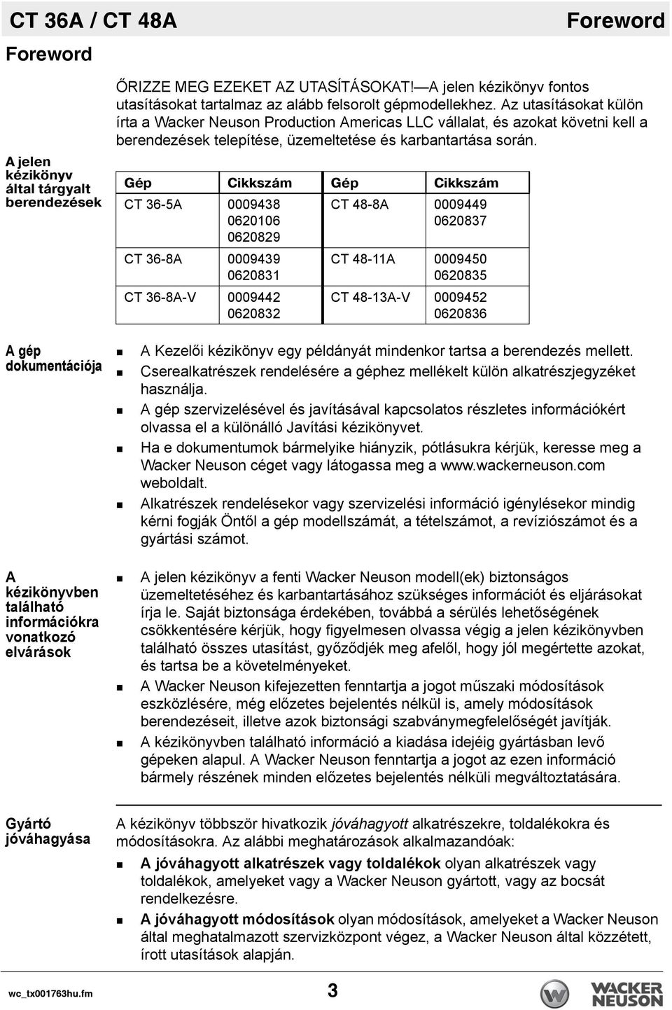 Az utasításokat külön írta a Wacker Neuson Production Americas LLC vállalat, és azokat követni kell a berendezések telepítése, üzemeltetése és karbantartása során.