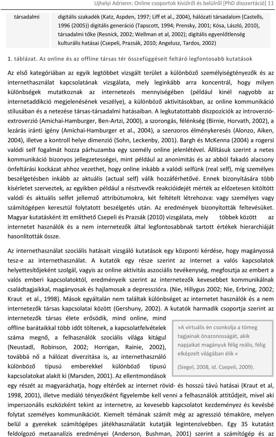 egyenlőtlenség kulturális hatásai (Csepeli, Prazsák, 2010; Angelusz, Tardos, 2002) 1. táblázat.