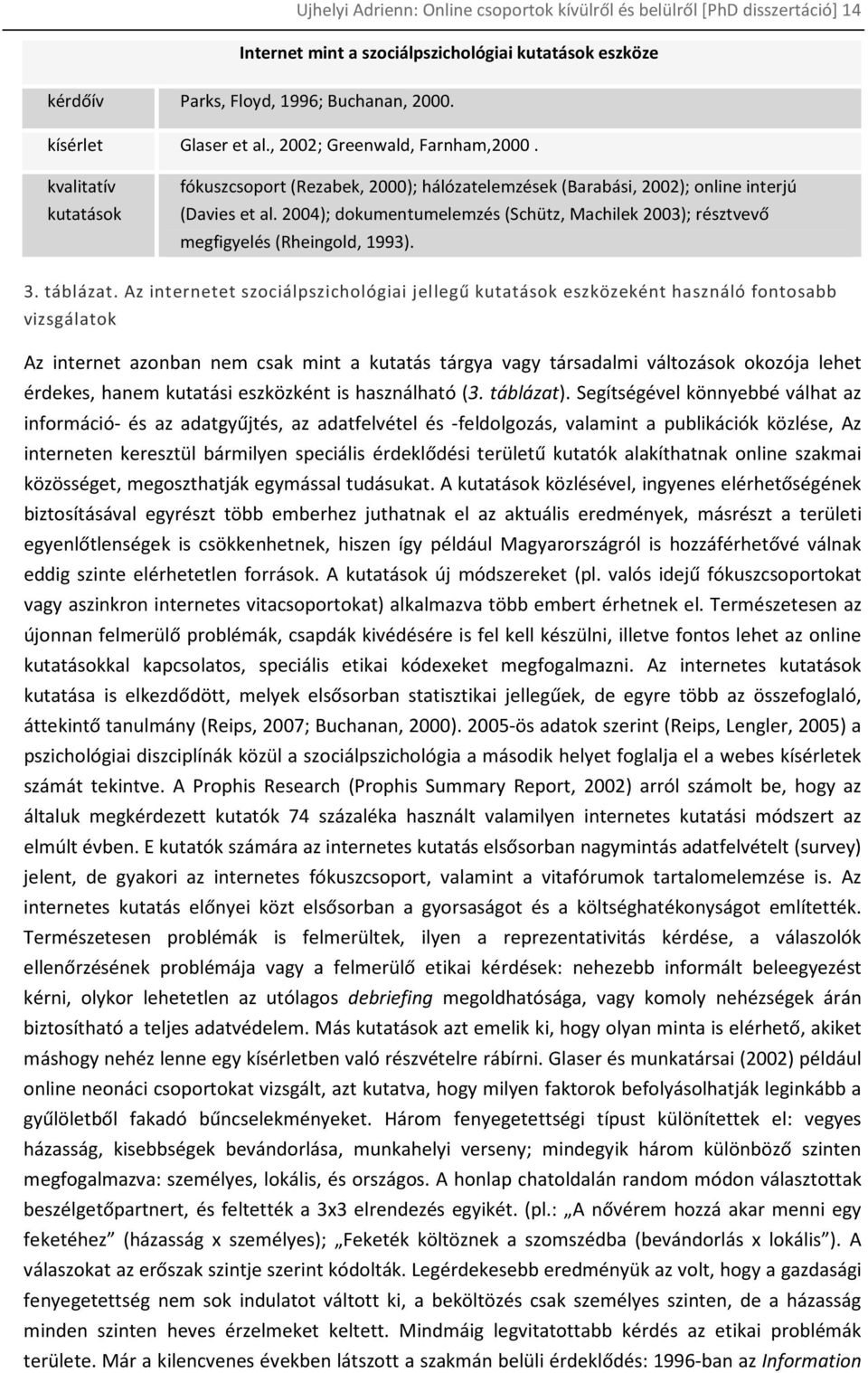 2004); dokumentumelemzés (Schütz, Machilek 2003); résztvevő megfigyelés (Rheingold, 1993). 3. táblázat.