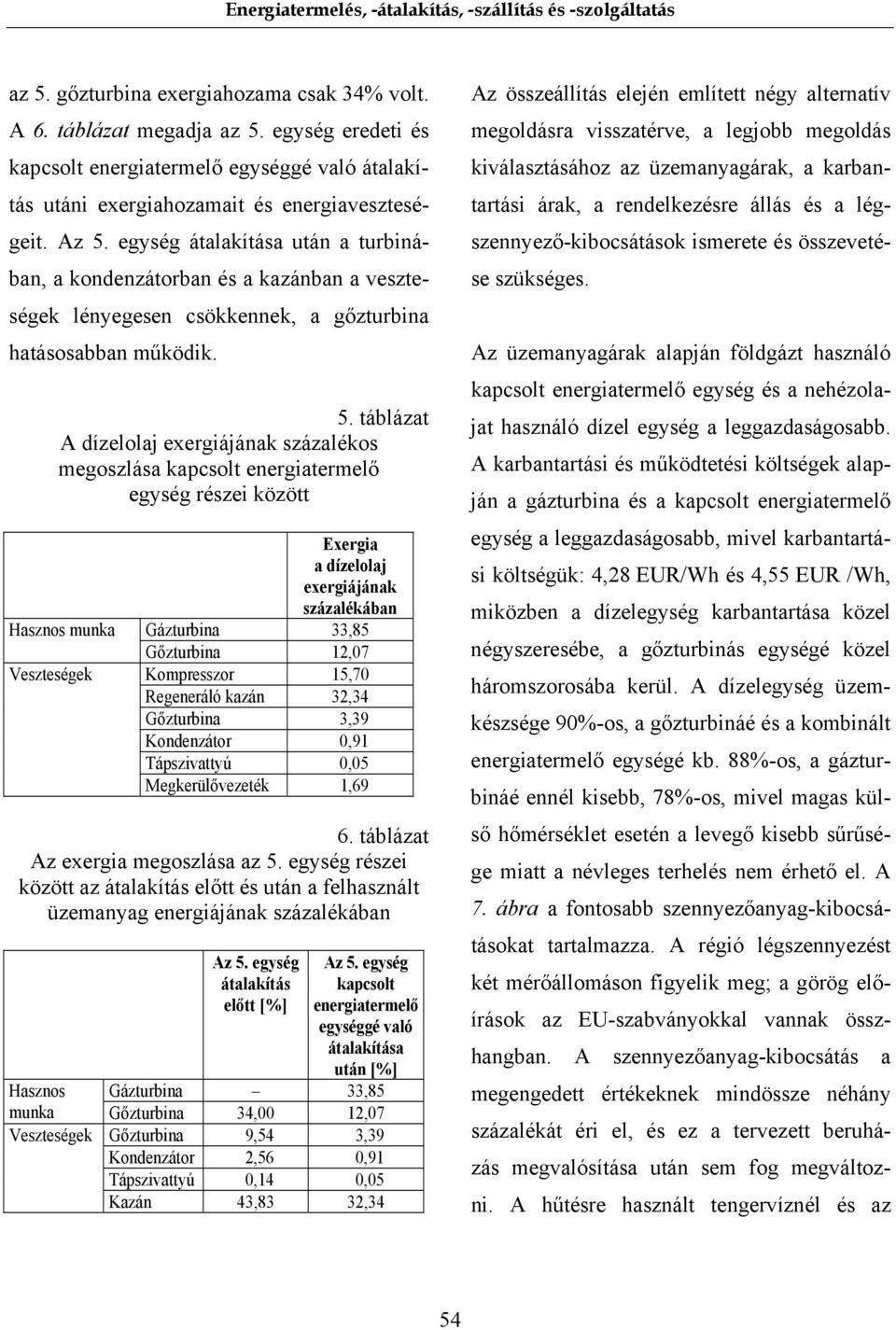 táblázat A dízelolaj exergiájának százalékos megoszlása kapcsolt energiatermelő egység részei között Hasznos munka Veszteségek Exergia a dízelolaj exergiájának százalékában Gázturbina 33,85