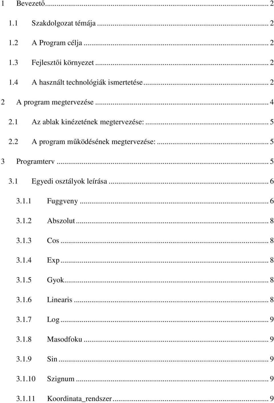 .. 5 3 Programterv... 5 3.1 Egyedi osztályok leírása... 6 3.1.1... 6 3.1.2 Abszolut... 8 3.1.3 Cos... 8 3.1.4 Exp... 8 3.1.5 Gyok.