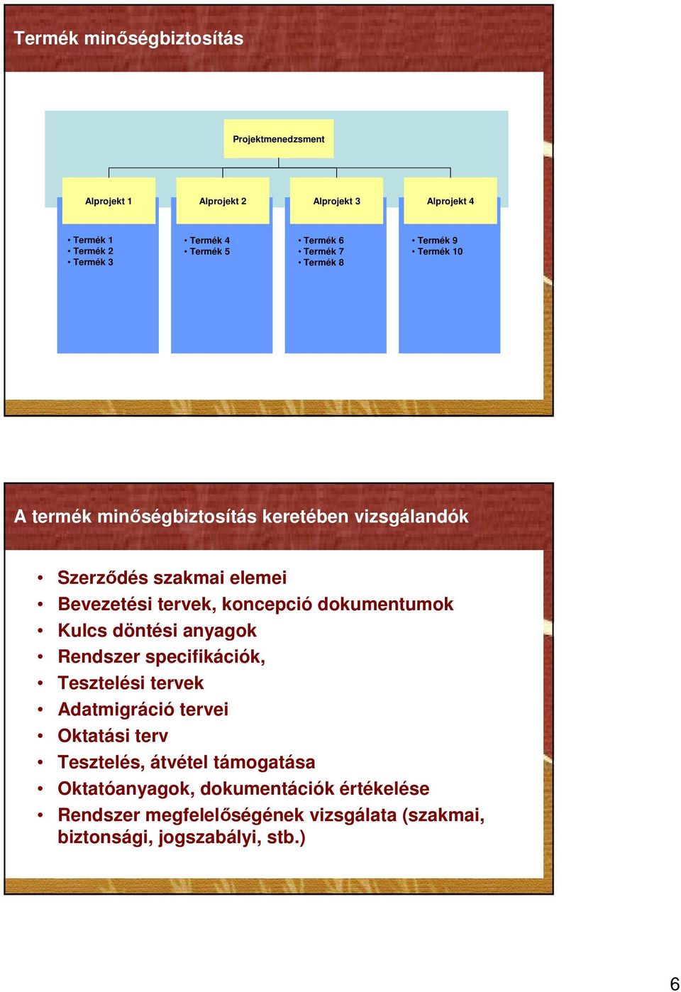 tervek, koncepció dokumentumok Kulcs döntési anyagok Rendszer specifikációk, Tesztelési tervek Adatmigráció tervei Oktatási terv