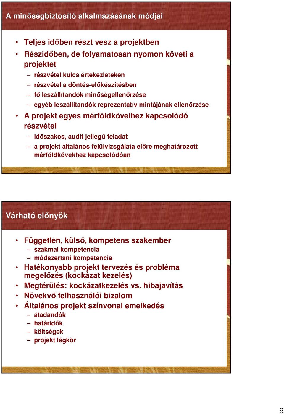 általános felülvizsgálata elıre meghatározott mérföldkövekhez kapcsolódóan Várható elınyök Független, külsı, kompetens szakember szakmai kompetencia módszertani kompetencia Hatékonyabb projekt