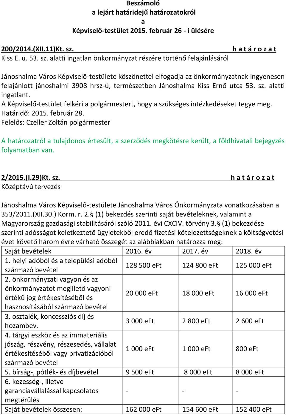 alatti ingatlan önkormányzat részére történő felajánlásáról Jánoshalma Város Képviselő-testülete köszönettel elfogadja az önkormányzatnak ingyenesen felajánlott jánoshalmi 3908 hrsz-ú, természetben