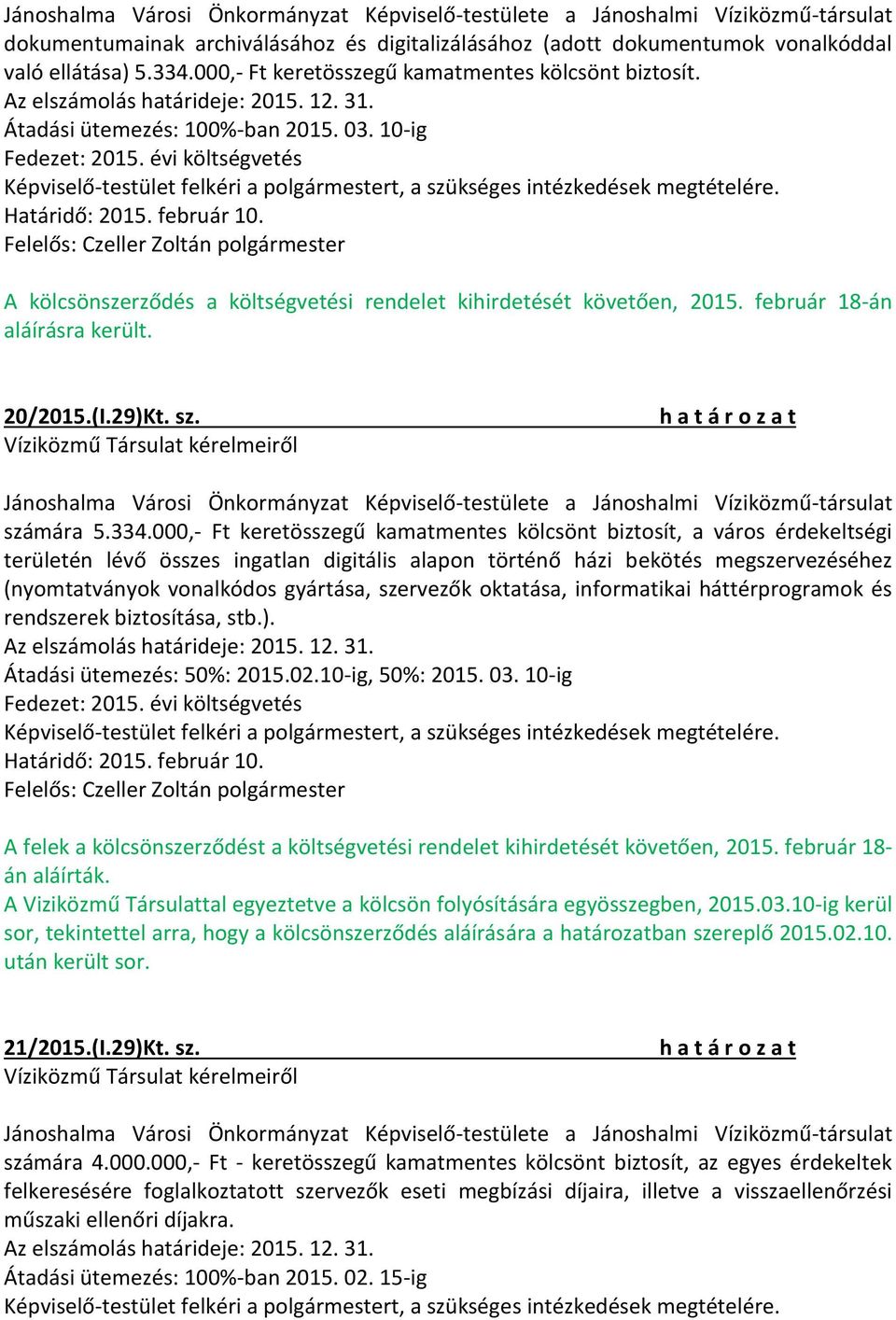 A kölcsönszerződés a költségvetési rendelet kihirdetését követően, 2015. február 18-án aláírásra került. 20/2015.(I.29)Kt. sz.