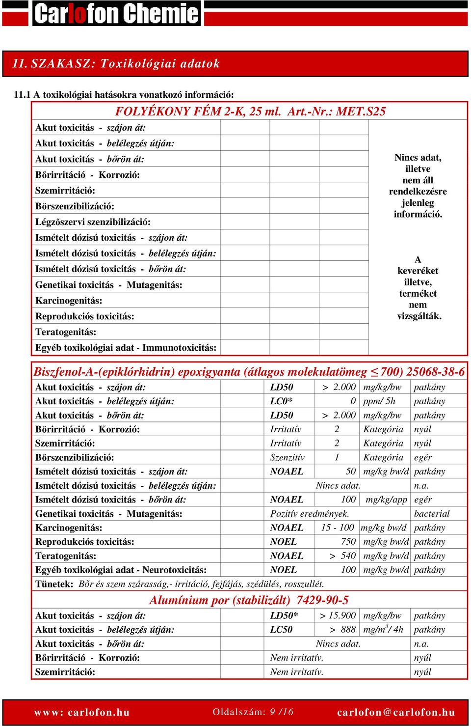 Légzőszervi szenzibilizáció: Ismételt dózisú toxicitás - szájon át: FOLYÉKONY FÉM 2-K, 25 ml. Art.-Nr.: MET.