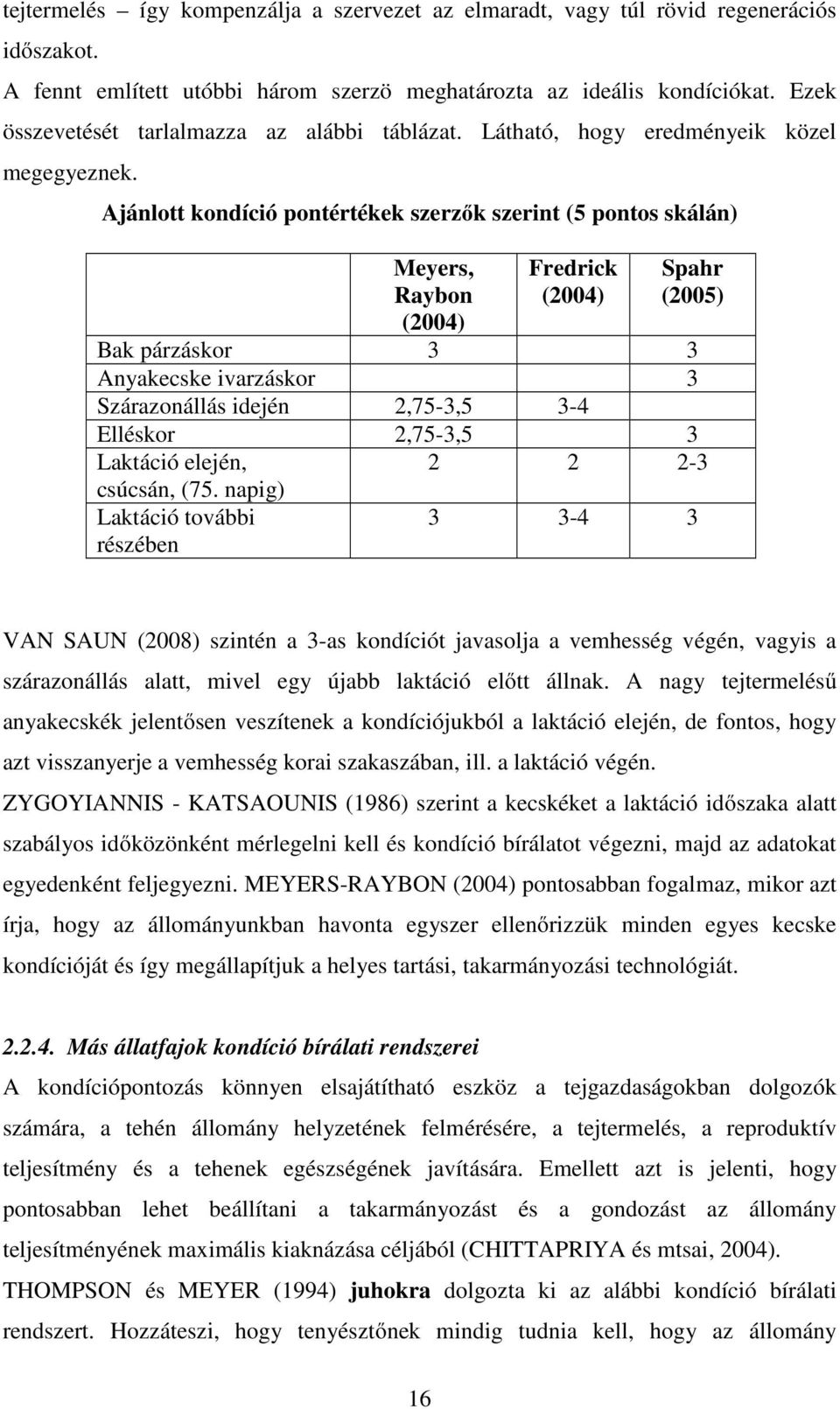 Ajánlott kondíció pontértékek szerzők szerint (5 pontos skálán) Meyers, Raybon (2004) Fredrick (2004) Spahr (2005) Bak párzáskor 3 3 Anyakecske ivarzáskor 3 Szárazonállás idején 2,75-3,5 3-4 Elléskor