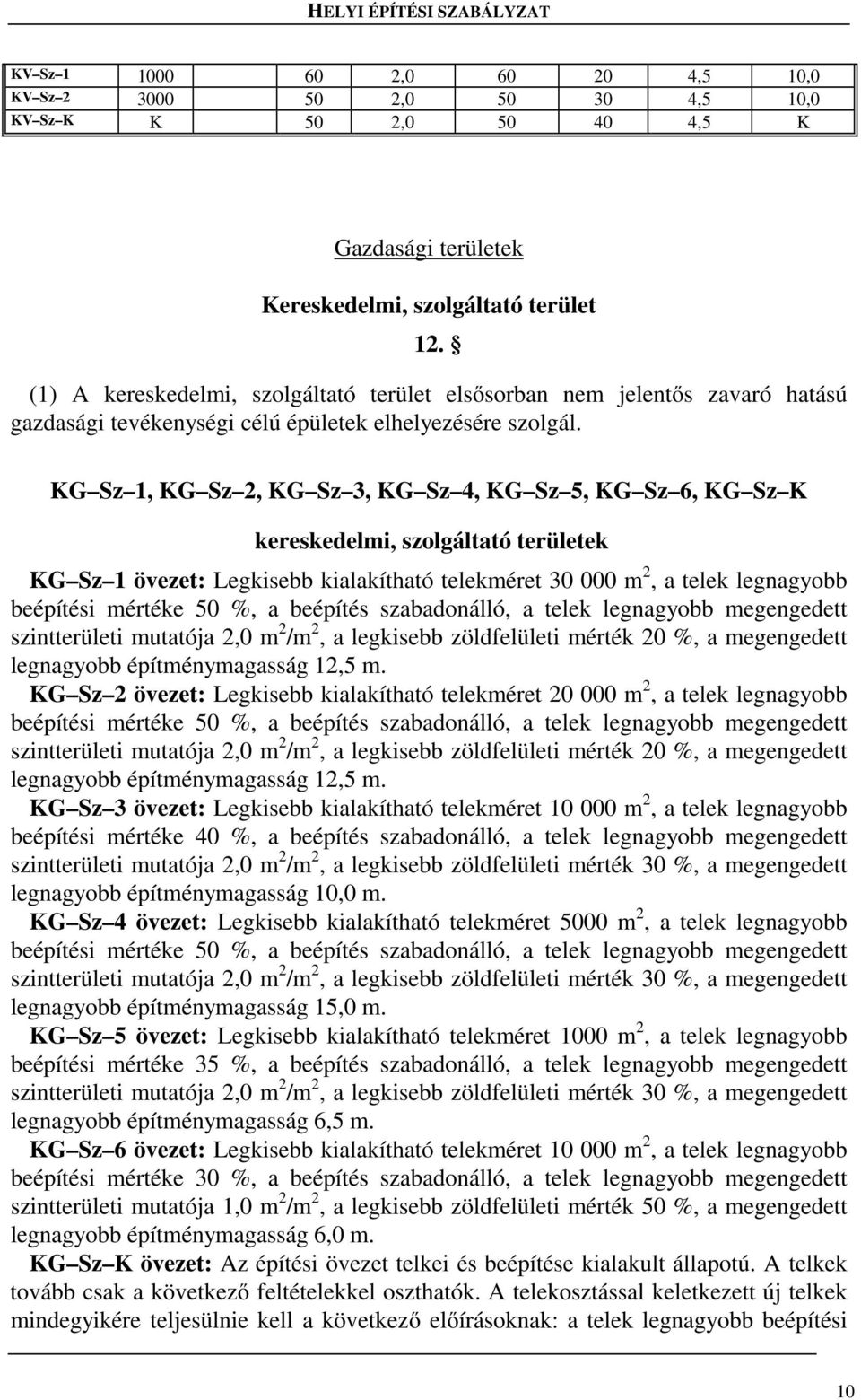 KG Sz 1, KG Sz 2, KG Sz 3, KG Sz 4, KG Sz 5, KG Sz 6, KG Sz K kereskedelmi, szolgáltató területek KG Sz 1 övezet: Legkisebb kialakítható telekméret 30 000 m 2, a telek legnagyobb beépítési mértéke 50