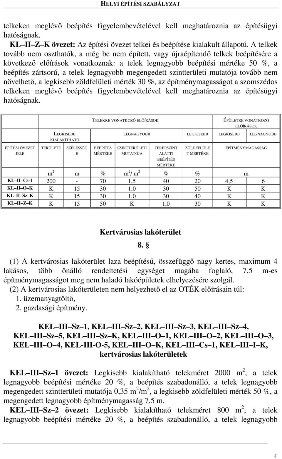 legnagyobb megengedett szintterületi mutatója tovább nem növelhető, a legkisebb zöldfelületi mérték 30 %, az építménymagasságot a szomszédos telkeken meglévő beépítés figyelembevételével kell