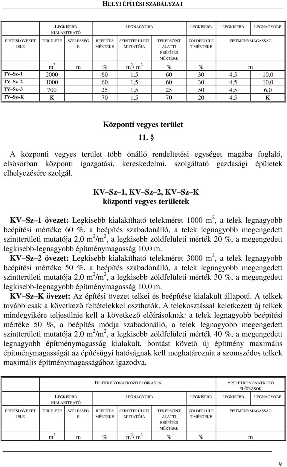 A központi vegyes terület több önálló rendeltetési egységet magába foglaló, elsősorban központi igazgatási, kereskedelmi, szolgáltató gazdasági épületek elhelyezésére szolgál.