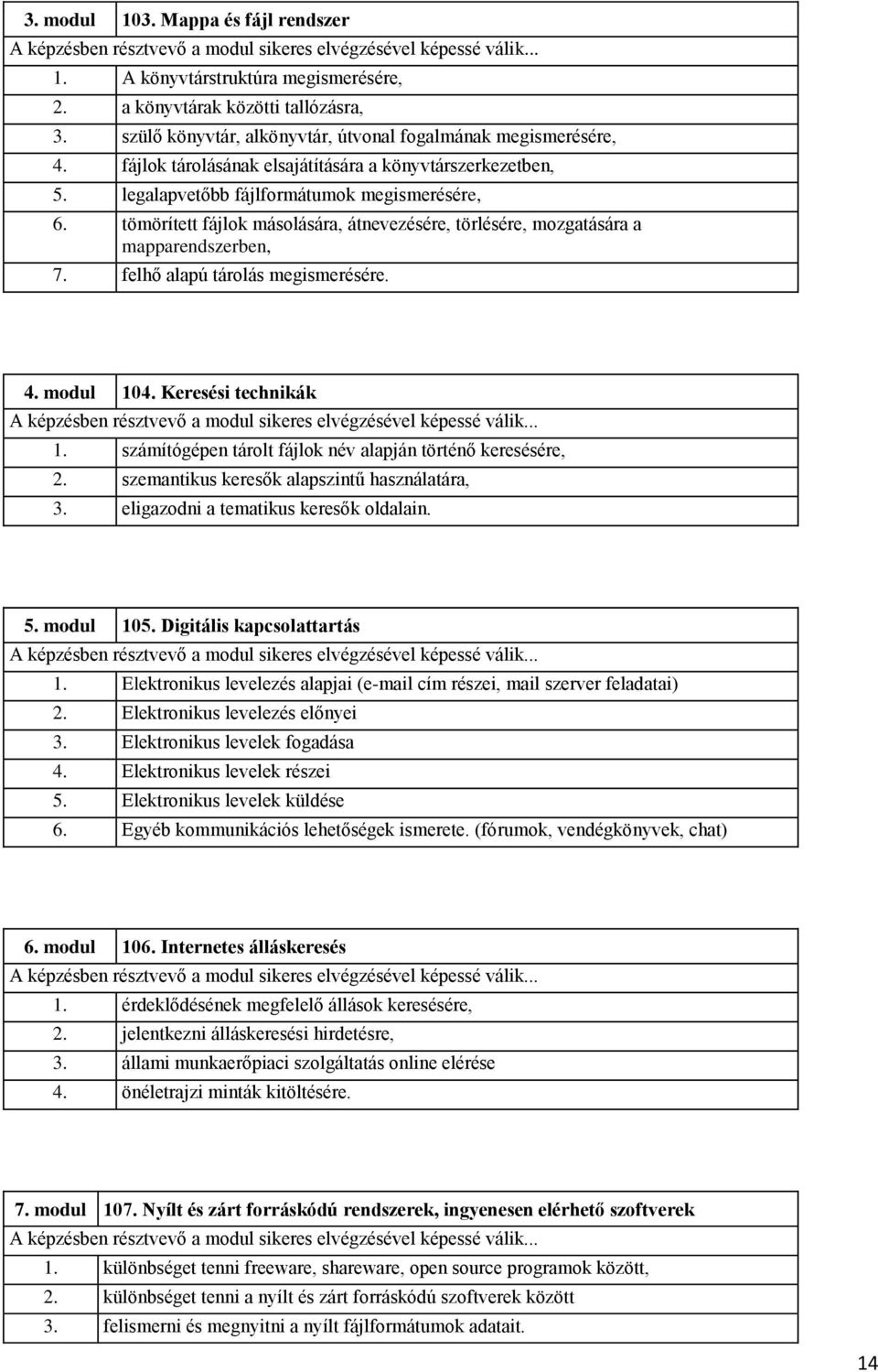 tömörített fájlok másolására, átnevezésére, törlésére, mozgatására a mapparendszerben, 7. felhő alapú tárolás megismerésére. 4. modul 104.