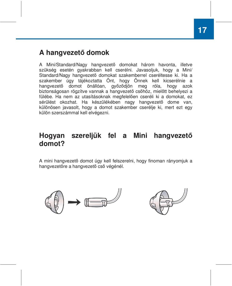 Ha a szakember úgy tájékoztatta Önt, hogy Önnek kell kicserélnie a hangvezető domot önállóan, győződjön meg róla, hogy azok biztonságosan rögzítve vannak a hangvezető csőhöz, mielőtt behelyezi a