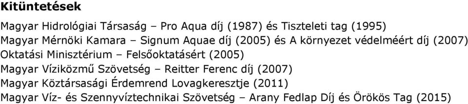 Felsőoktatásért (2005) Magyar Víziközmű Szövetség Reitter Ferenc díj (2007) Magyar Köztársasági