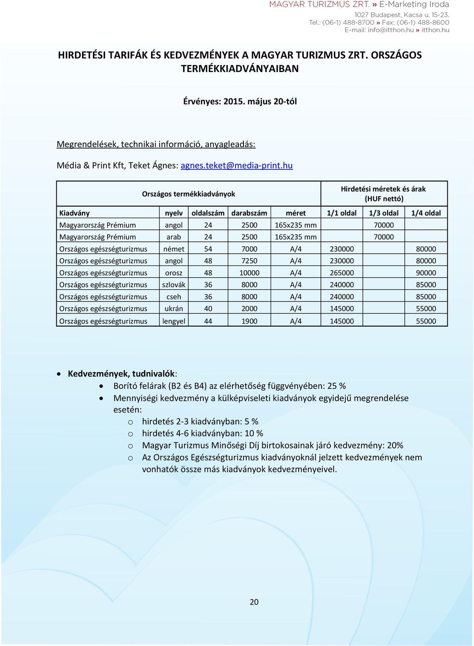 hu Országos termékkiadványok Hirdetési ek és ak (HUF nettó) Kiadvány nyelv oldalszám darabszám 1/1 oldal 1/3 oldal 1/4 oldal Magyarország Prémium angol 24 2500 165x235 mm 70000 Magyarország Prémium